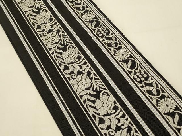 平和屋着物●本場筑前博多織　半幅帯　小袋帯　小野和也作　博多金ラベル　花唐草間道　黒地　証紙付き　逸品　CABI4808ak