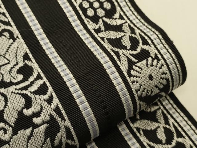 平和屋着物●本場筑前博多織　半幅帯　小袋帯　小野和也作　博多金ラベル　花唐草間道　黒地　証紙付き　逸品　CABI4808ak