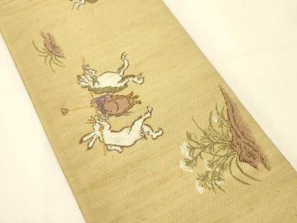 平和屋着物●両面　半幅帯　鳥獣戯画/花唐草文　金糸　正絹　逸品　未使用　CABI4814ak