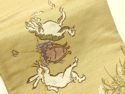 平和屋着物●両面　半幅帯　鳥獣戯画/花唐草文　金糸　正絹　逸品　未使用　CABI4814ak
