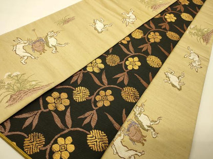 平和屋着物●両面　半幅帯　鳥獣戯画/花唐草文　金糸　正絹　逸品　未使用　CABI4814ak