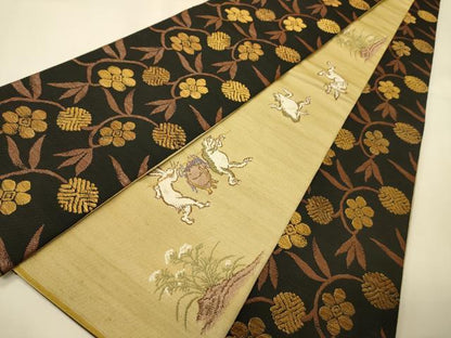平和屋着物●両面　半幅帯　鳥獣戯画/花唐草文　金糸　正絹　逸品　未使用　CABI4814ak