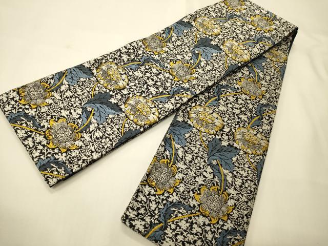 平和屋着物●着物作家　岡本龍三　西陣　両面　半幅帯　草花文　反端付き　正絹　逸品　未使用　CABI4817ak
