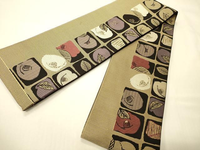 平和屋着物●本場筑前博多織　両面　半幅帯　市松花文　金糸　正絹　逸品　未使用　CABI4820ak