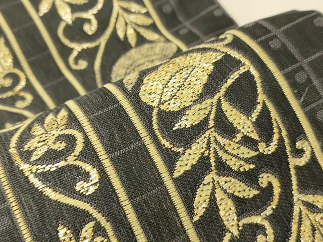 平和屋着物●両面　半幅帯　花唐草間道　金糸　正絹　逸品　未使用　CABI4822ak