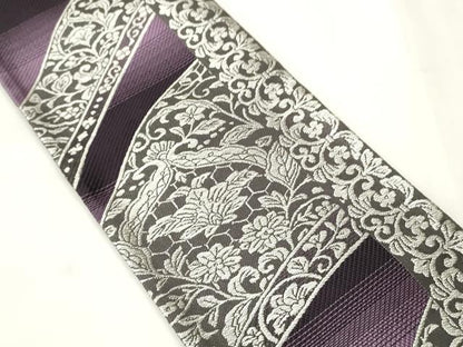 平和屋着物●両面　半幅帯　花唐草文/吉祥花文　銀糸　正絹　逸品　未使用　CABI4828ak
