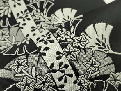 平和屋着物●両面　半幅帯　銀杏間道/立涌文　黒地　未使用　CABI4836ak