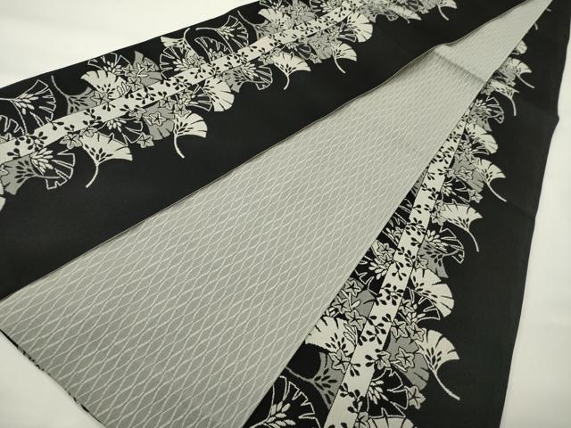 平和屋着物●両面　半幅帯　銀杏間道/立涌文　黒地　未使用　CABI4836ak