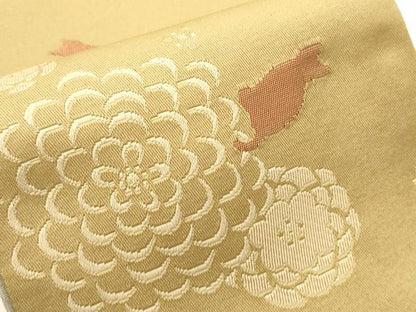 平和屋着物●両面　半幅帯　猫花文/ねこ花文　幾何学文様　未使用　CABI4841ak