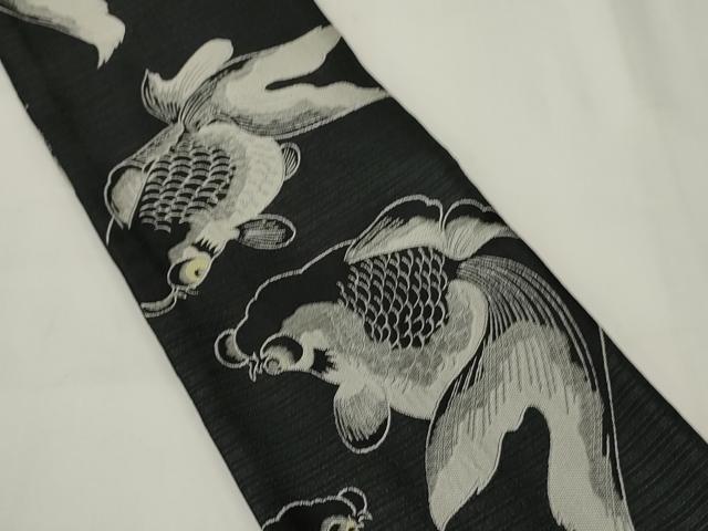 平和屋着物●両面　半幅帯　金魚　矢羽根文　黒地　CABI4852ak