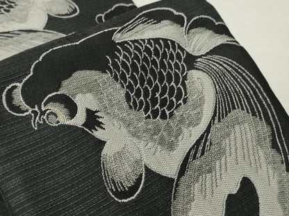 平和屋着物●両面　半幅帯　金魚　矢羽根文　黒地　CABI4852ak