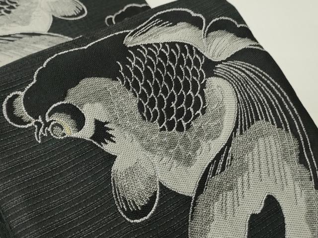 平和屋着物●両面　半幅帯　金魚　矢羽根文　黒地　CABI4852ak