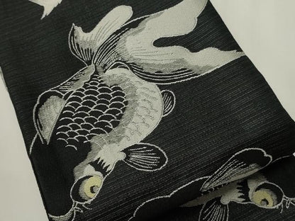 平和屋着物●両面　半幅帯　金魚　矢羽根文　黒地　CABI4852ak