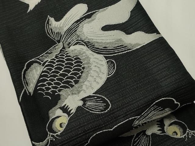 平和屋着物●両面　半幅帯　金魚　矢羽根文　黒地　CABI4852ak