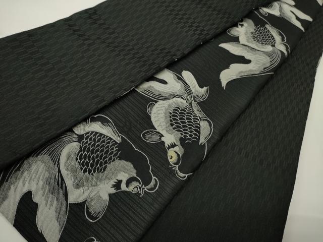 平和屋着物●両面　半幅帯　金魚　矢羽根文　黒地　CABI4852ak