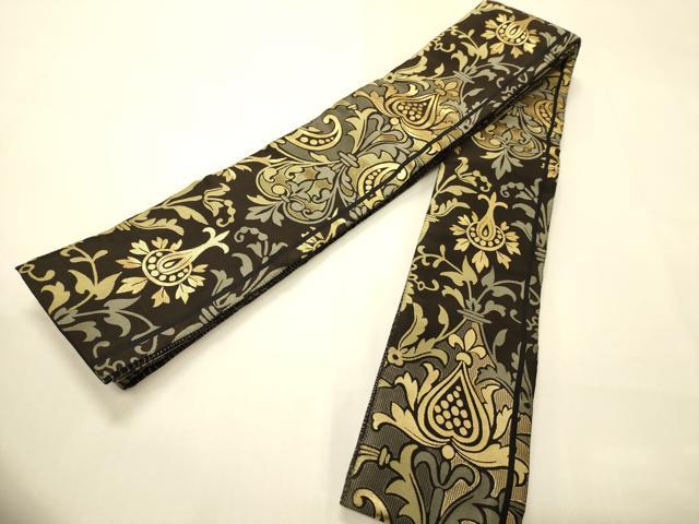平和屋着物●男性　両面　角帯　吉祥花文　黒地　金糸　正絹　逸品　CABI4872ak