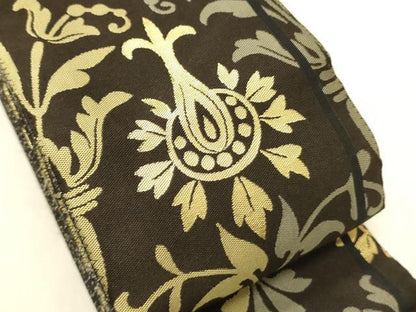 平和屋着物●男性　両面　角帯　吉祥花文　黒地　金糸　正絹　逸品　CABI4872ak
