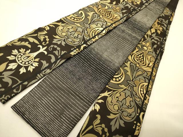 平和屋着物●男性　両面　角帯　吉祥花文　黒地　金糸　正絹　逸品　CABI4872ak