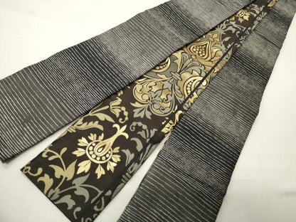 平和屋着物●男性　両面　角帯　吉祥花文　黒地　金糸　正絹　逸品　CABI4872ak