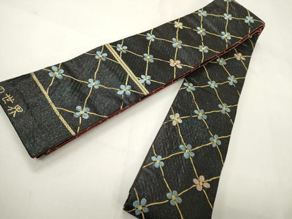 平和屋着物●男性　両面　角帯　奥田小由女の世界　花菱文　金糸　正絹　逸品　CABI4881ak