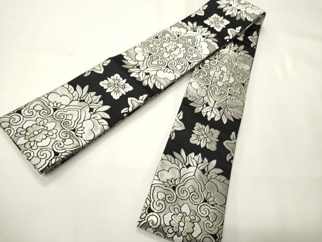 平和屋着物●男性　両面　角帯　正倉院花文　黒地　銀糸　正絹　逸品　CABI4892ak