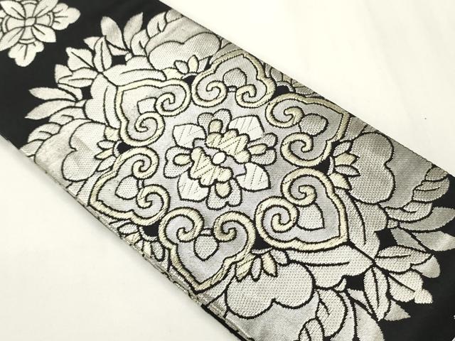 平和屋着物●男性　両面　角帯　正倉院花文　黒地　銀糸　正絹　逸品　CABI4892ak