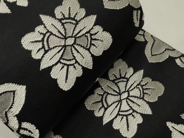 平和屋着物●男性　両面　角帯　正倉院花文　黒地　銀糸　正絹　逸品　CABI4892ak