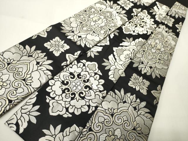 平和屋着物●男性　両面　角帯　正倉院花文　黒地　銀糸　正絹　逸品　CABI4892ak