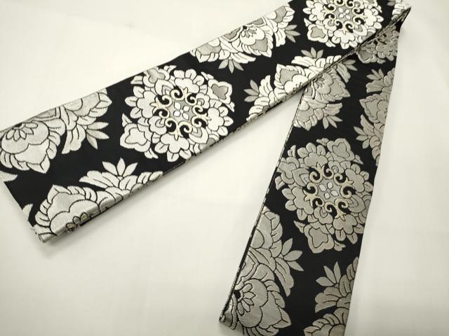 平和屋着物●男性　両面　角帯　正倉院花文　黒地　銀糸　正絹　逸品　CABI4892ak