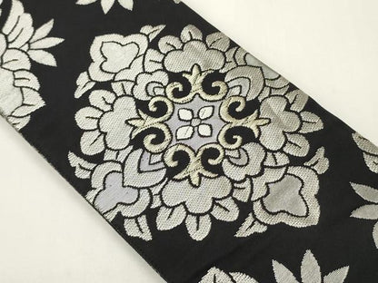 平和屋着物●男性　両面　角帯　正倉院花文　黒地　銀糸　正絹　逸品　CABI4892ak
