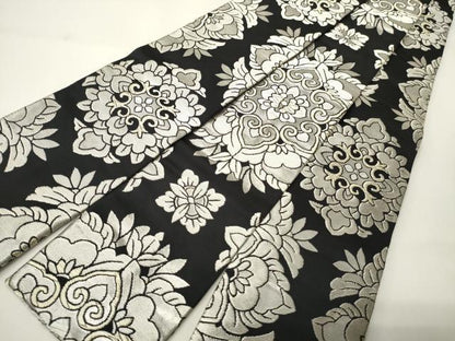 平和屋着物●男性　両面　角帯　正倉院花文　黒地　銀糸　正絹　逸品　CABI4892ak
