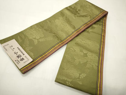 平和屋着物●本場筑前博多織　半幅帯　小野和也作　小袋帯　草花文　証紙付き　正絹　逸品　未使用　CABI4929ak