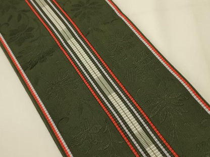 平和屋着物●本場筑前博多織　半幅帯　草花間道　正絹　逸品　CABI4934ak