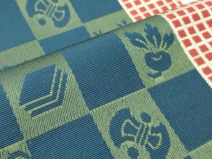平和屋着物●本場筑前博多織　半幅帯　脇山公詞作　市松吉祥文　証紙付き　正絹　逸品　未使用　CABI4971ak