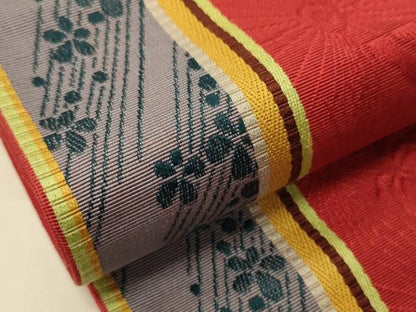 平和屋着物●本場筑前博多織　半幅帯　脇山忠道作　花蝶間道　証紙付き　正絹　逸品　CABI4972ak