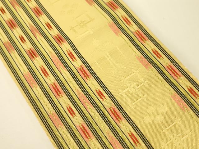平和屋着物●本場筑前博多織　両面　半幅帯　高橋絹織謹製　献上柄/幾何学間道　証紙付き　正絹　逸品　未使用　CABI4984ak