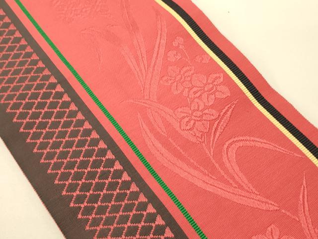 平和屋着物●本場筑前博多織　半幅帯　一重帯　草花間道　正絹　逸品　CABI4990ak