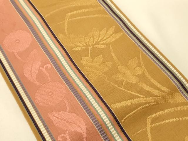 平和屋着物●本場筑前博多織　半幅帯　大倉織工場謹製　草花間道　証紙付き　正絹　逸品　未使用　CABI5063ak