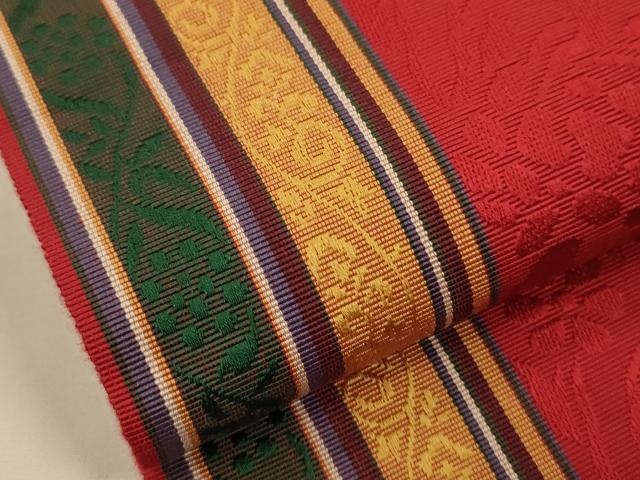 平和屋着物●本場筑前博多織　半幅帯　草花間道　証紙付き　正絹　逸品　CABI5066ak