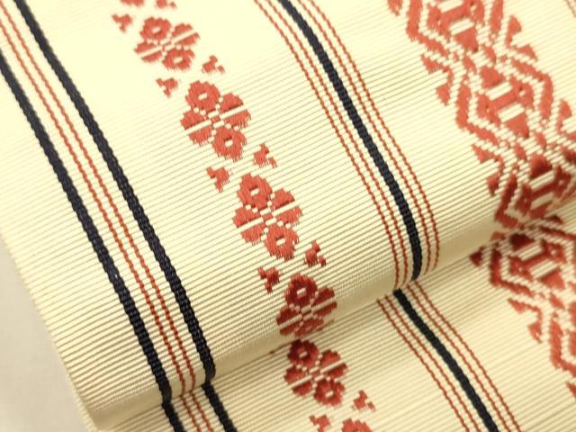 平和屋着物●本場筑前博多織　両面　半幅帯　縞/献上柄　正絹　逸品　CABI5067ak