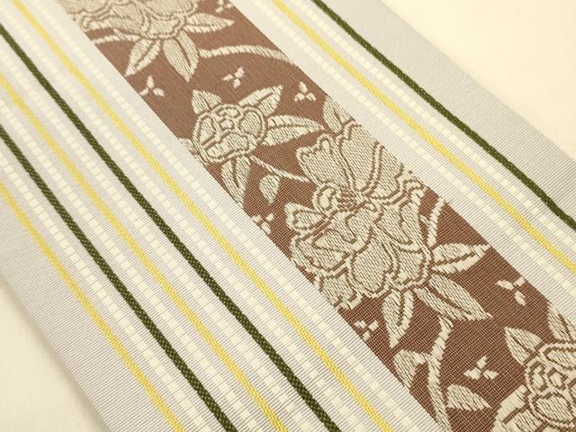 平和屋着物●本場筑前博多織　半幅帯　小野和也作　草花間道　博多金ラベル　証紙付き　正絹　逸品　CABI5077ak
