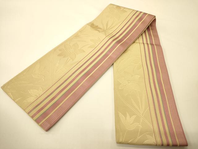 平和屋着物●本場筑前博多織　半幅帯　草花間道　正絹　逸品　CABI5141ak