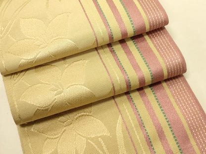 平和屋着物●本場筑前博多織　半幅帯　草花間道　正絹　逸品　CABI5141ak