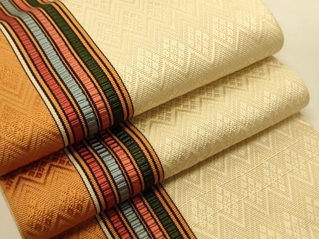 平和屋着物●本場筑前博多織　半幅帯　幾何学間道　証紙付き　正絹　逸品　CABI5143ak