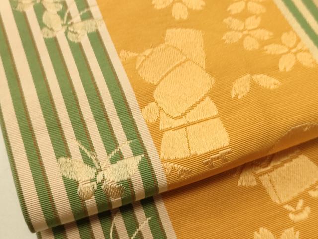 平和屋着物●本場筑前博多織　半幅帯　人物花蝶文　正絹　逸品　CABI5148ak