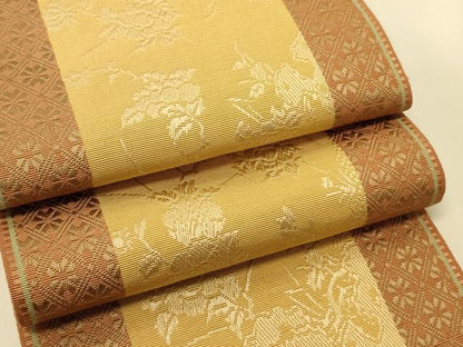 平和屋着物●本場筑前博多織　半幅帯　小野和也作　草花間道　証紙付き　正絹　逸品　CABI5151ak