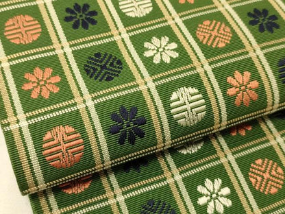 平和屋着物●本場筑前博多織　半幅帯　いちご錦　市松花丸文　正絹　逸品　CABI5180ak
