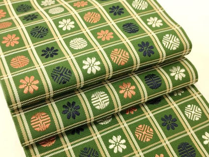 平和屋着物●本場筑前博多織　半幅帯　いちご錦　市松花丸文　正絹　逸品　CABI5180ak