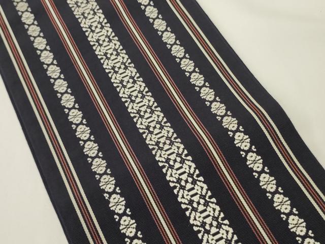 平和屋着物●本場筑前博多織　両面　半幅帯　献上柄/縞　正絹　逸品　CABI5191ak