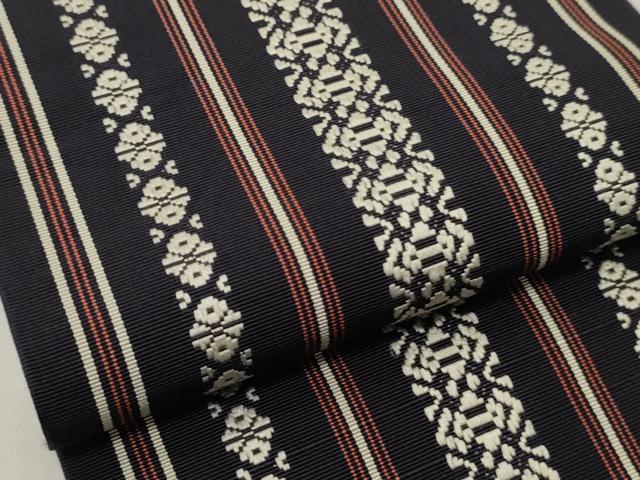 平和屋着物○本場筑前博多織 両面 半幅帯 献上柄/縞 正絹 逸品 CABI5191ak
